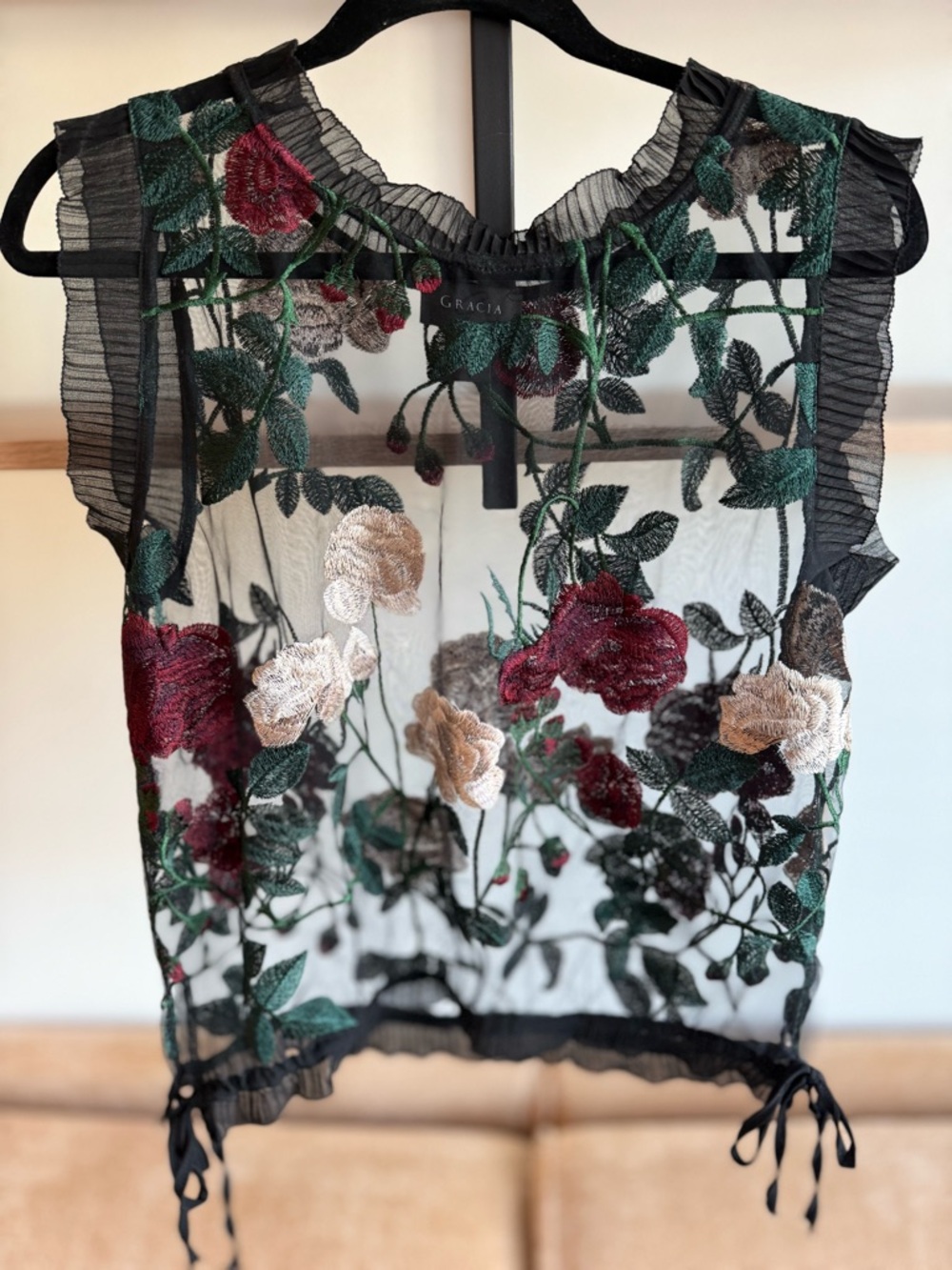 Gracia Black Sheer Mesh Top with Red & Cream Floral Embroidery